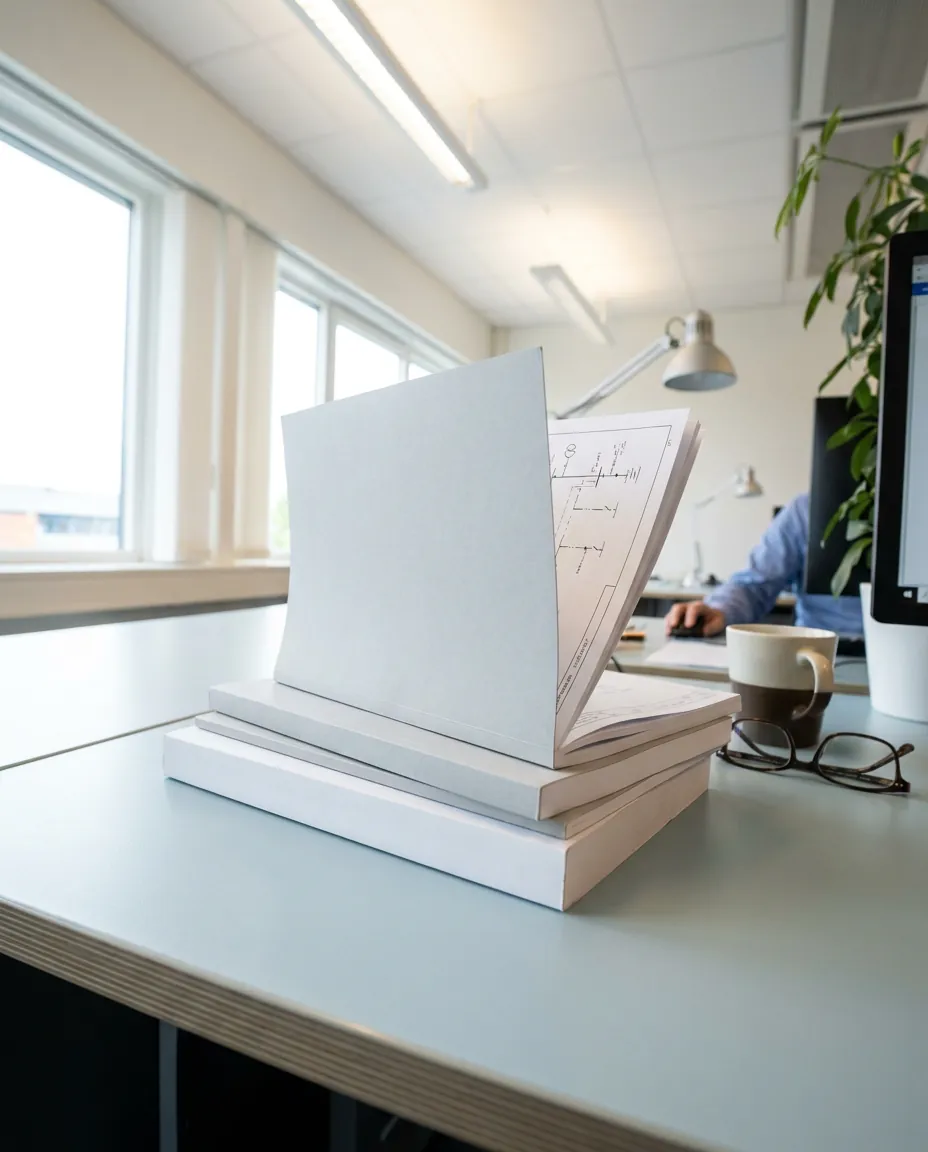Gebundene Unterlagen auf einem Büroschreibtisch, die oberste mit aufgeschlagenem Schaltplan