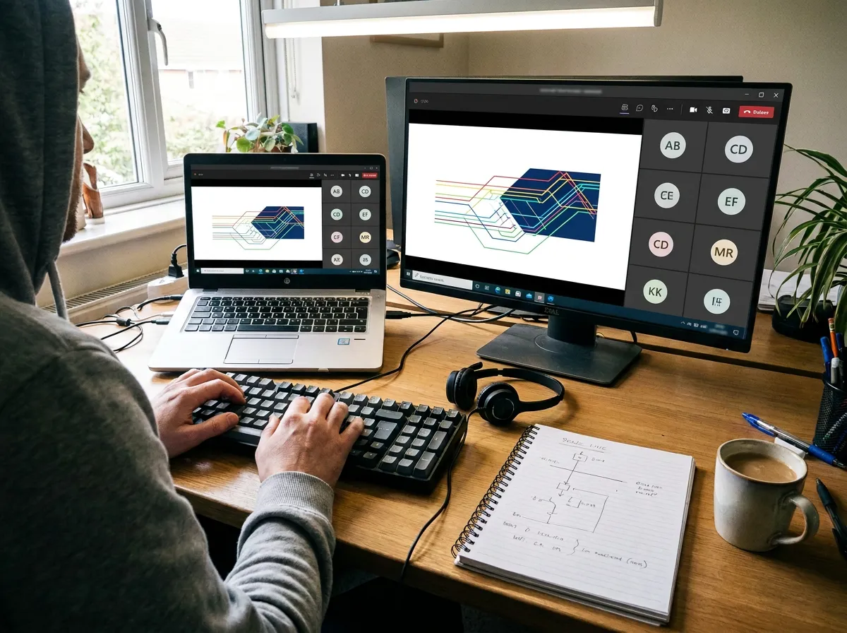 Arbeitsplatz mit laufendem Live‑Webinar in Microsoft Teams