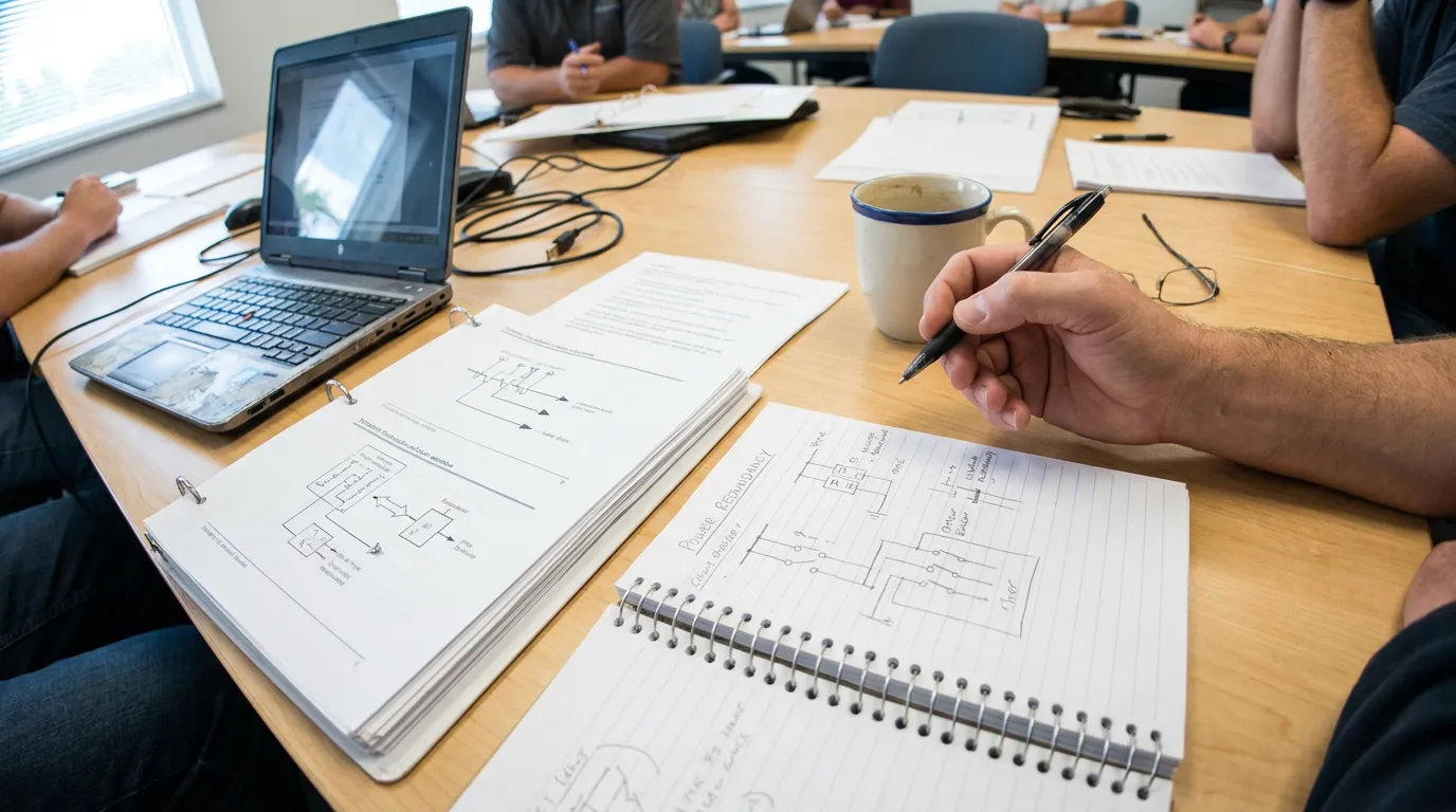 Seminartisch mit Unterlagen, Notizen und Laptop während eines Präsenzseminars