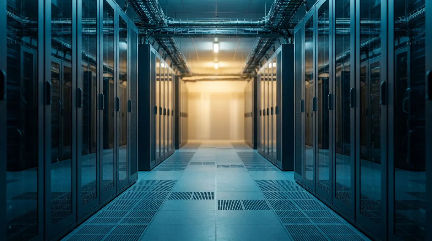 Gang zwischen verglasten Serverschränken in einem Rechenzentrum, am Ende warmes Licht